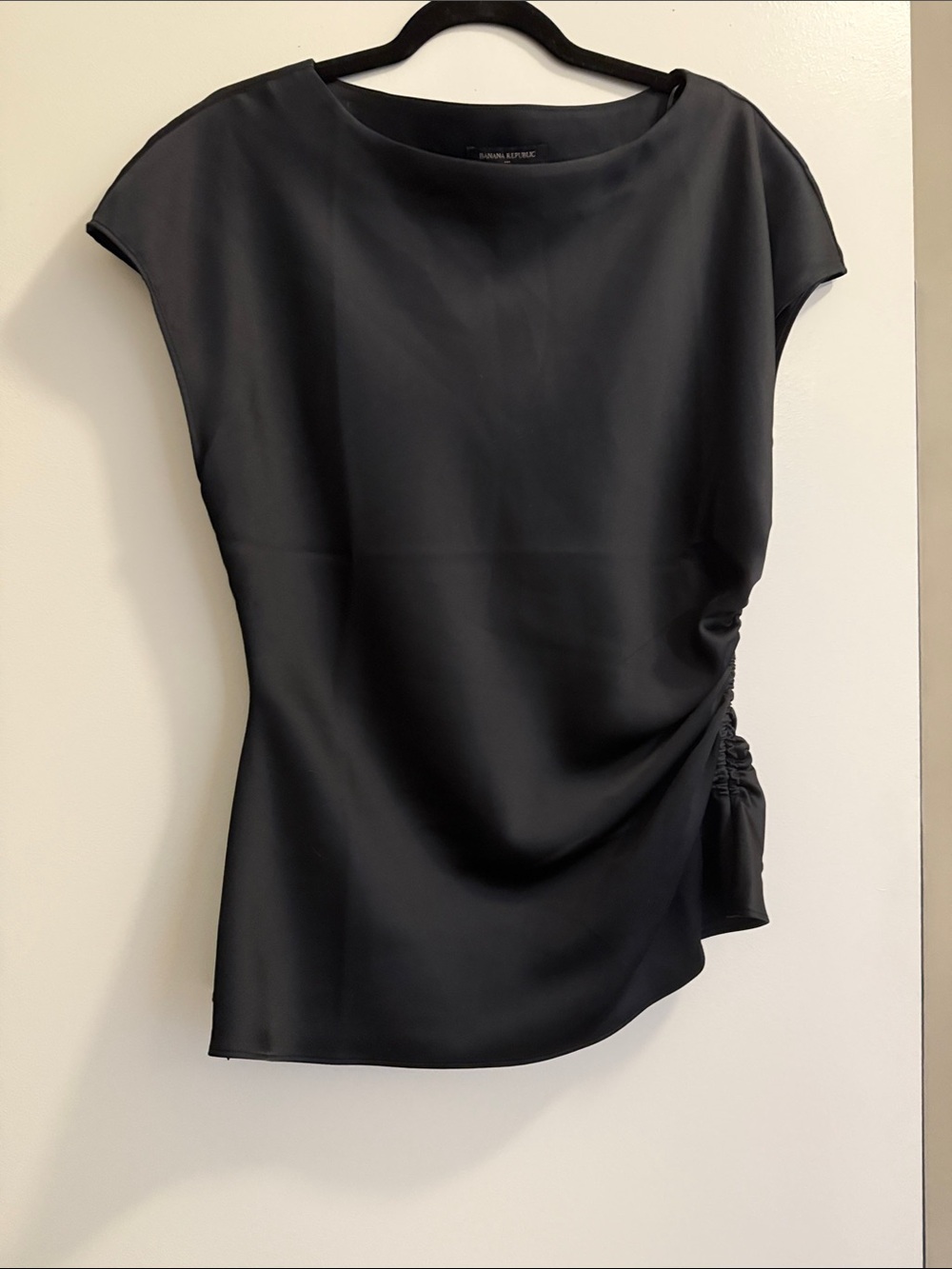 Banana Republic Black Satin Cap Sleeve Side-Ruched Blouse